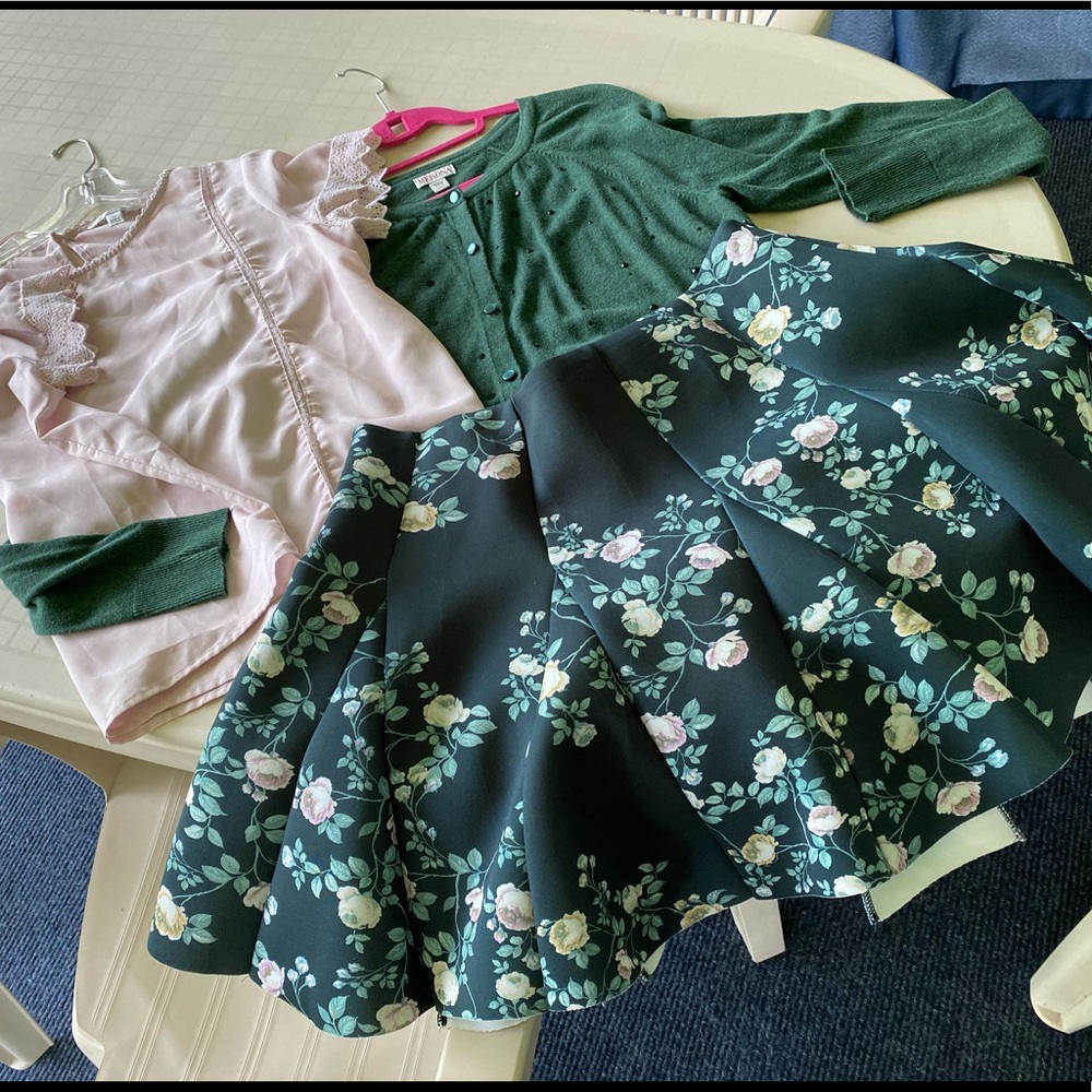 Floral skirt, blouse and sweater outfit